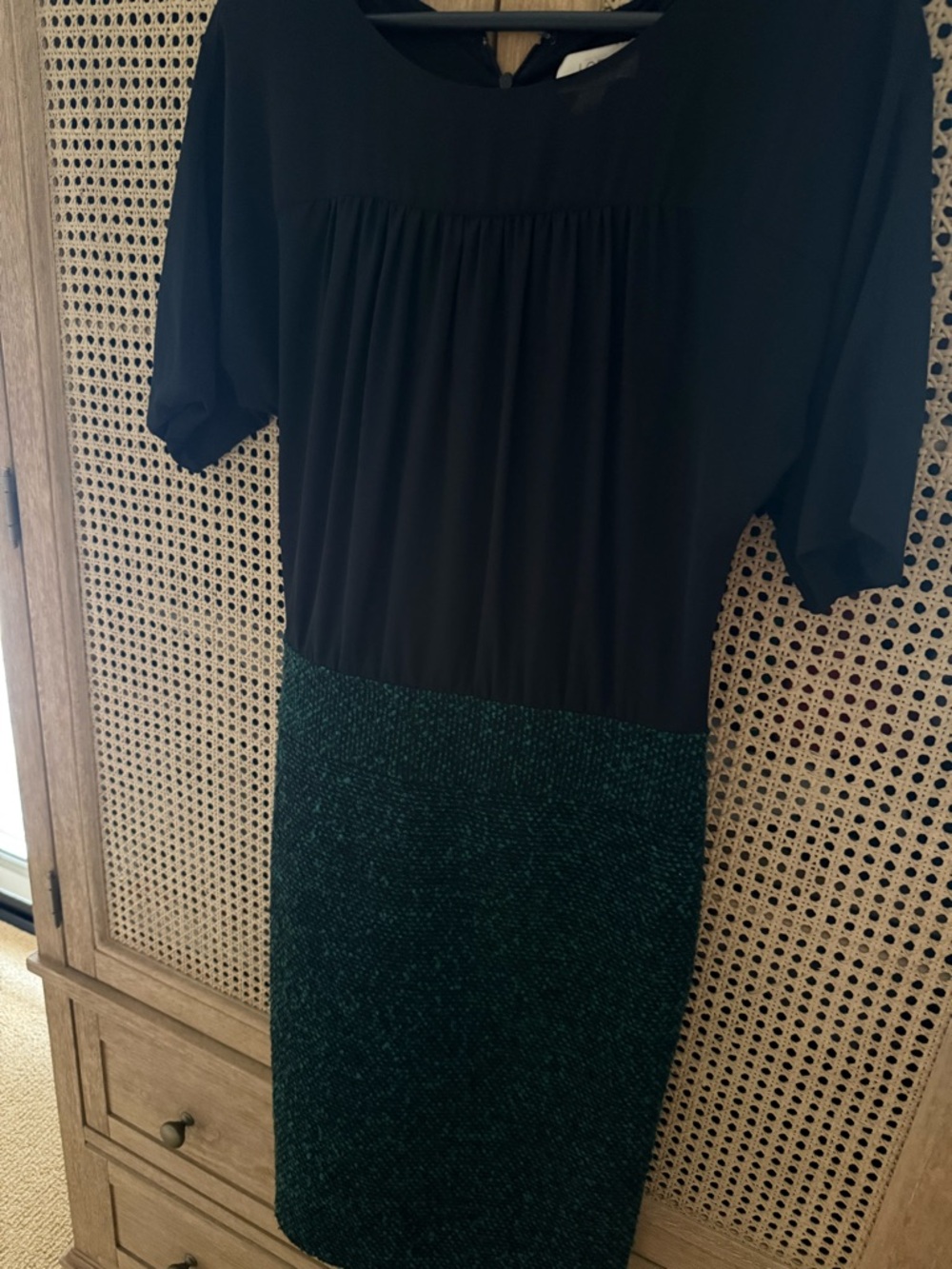 LOFT Black Bodice with Dark Green Tweed Midi Dress